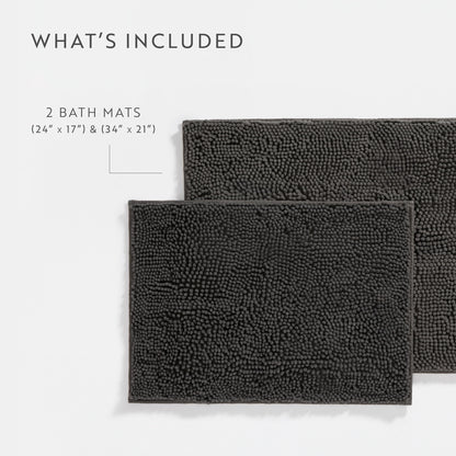Soft Absorbent Chenille Bath Mat Rug with Anti-Skid Rubber Backing, 2 Pack, Gray, by Noble Linens