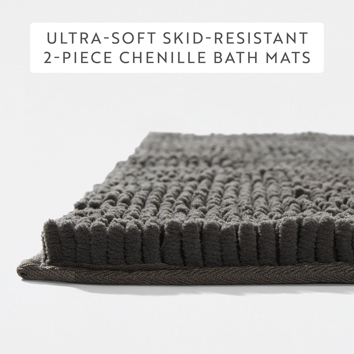 Soft Absorbent Chenille Bath Mat Rug with Anti-Skid Rubber Backing, 2 Pack, Gray, by Noble Linens