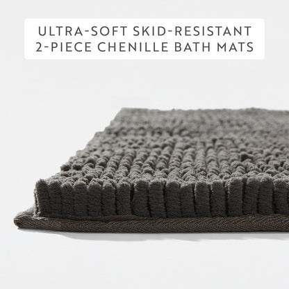 Soft Absorbent Chenille Bath Mat Rug with Anti-Skid Rubber Backing, 2 Pack, Gray, by Noble Linens