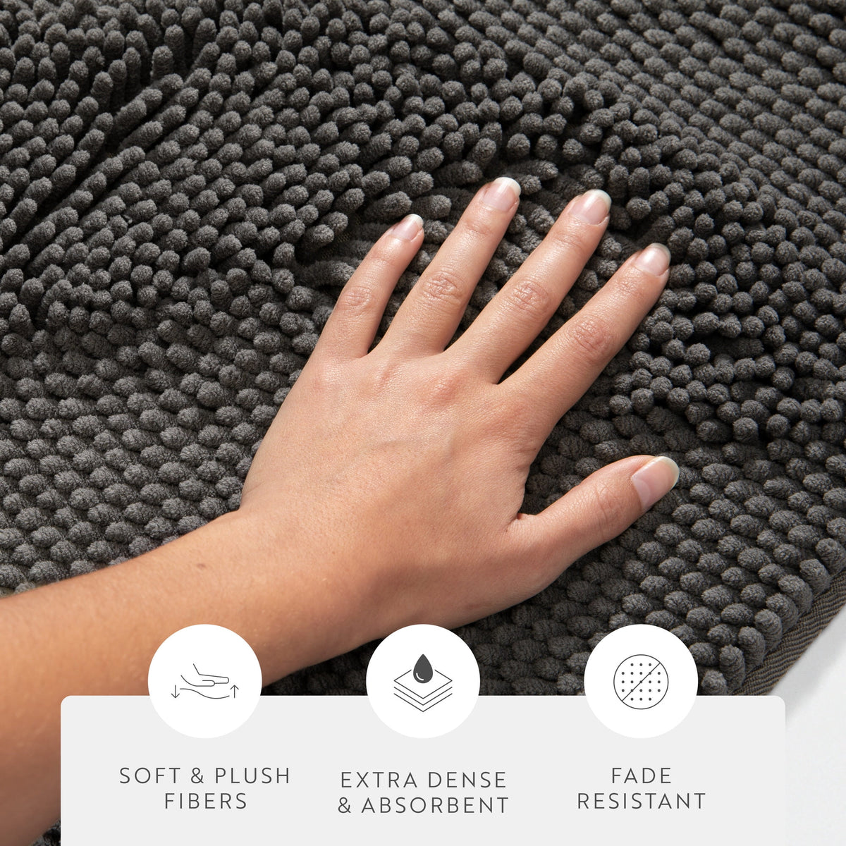 Soft Absorbent Chenille Bath Mat Rug with Anti-Skid Rubber Backing, 2 Pack, Gray, by Noble Linens