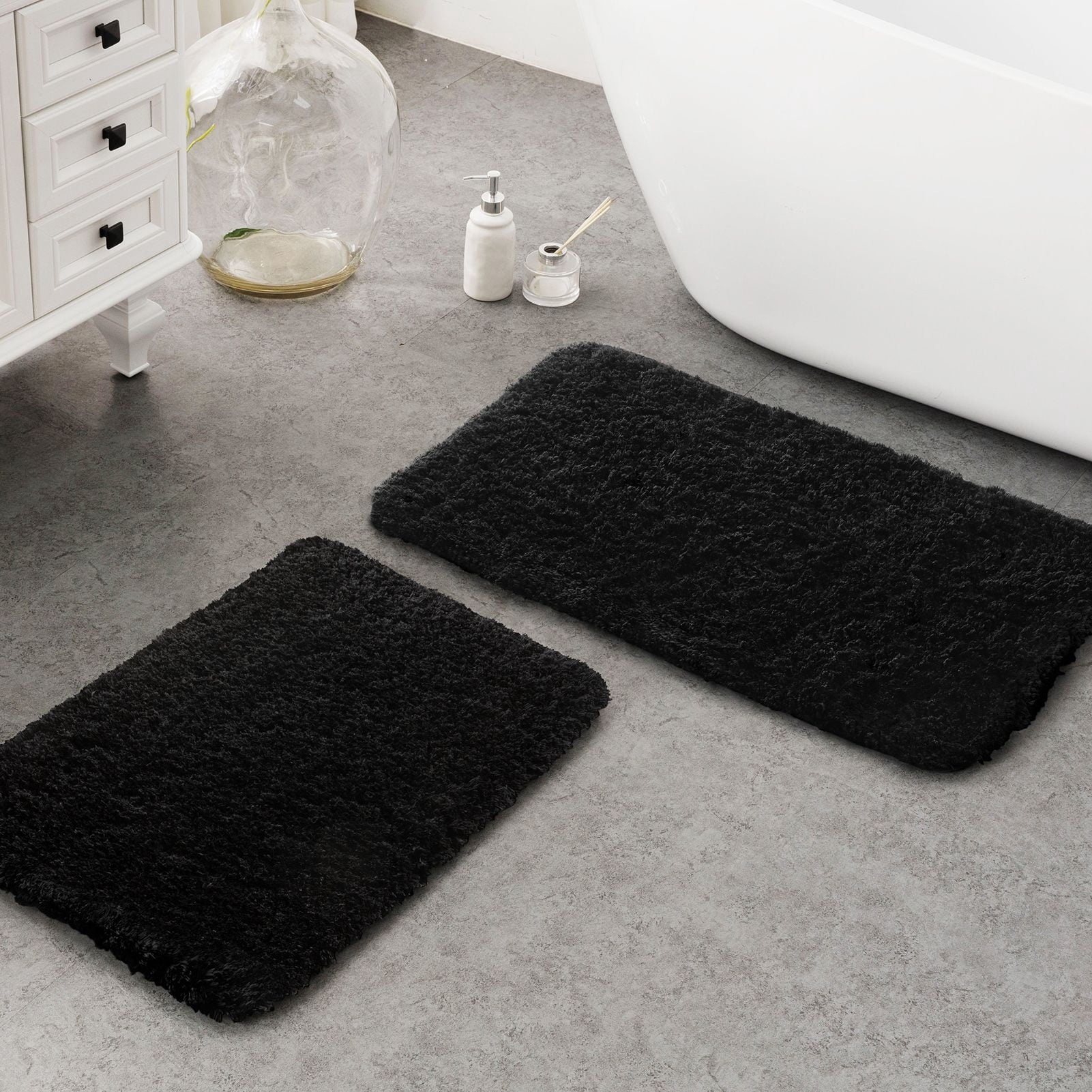 Phantoscope 2pcs Bathroom Rugs Set, Non Slip Quick Drying Ultra Soft Water Absorbent Bath Rug Mat Carpet, 17" x 24" + 17" x 32", Light Gray