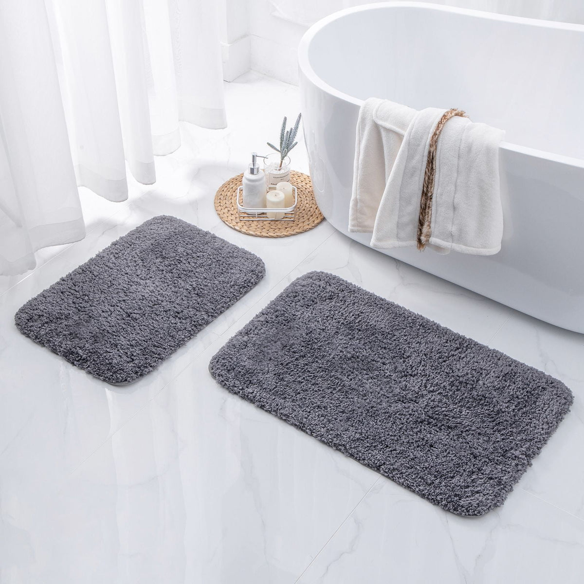 Phantoscope 2pcs Bathroom Rugs Set, Non Slip Quick Drying Ultra Soft Water Absorbent Bath Rug Mat Carpet, 17" x 24" + 17" x 32", Light Gray