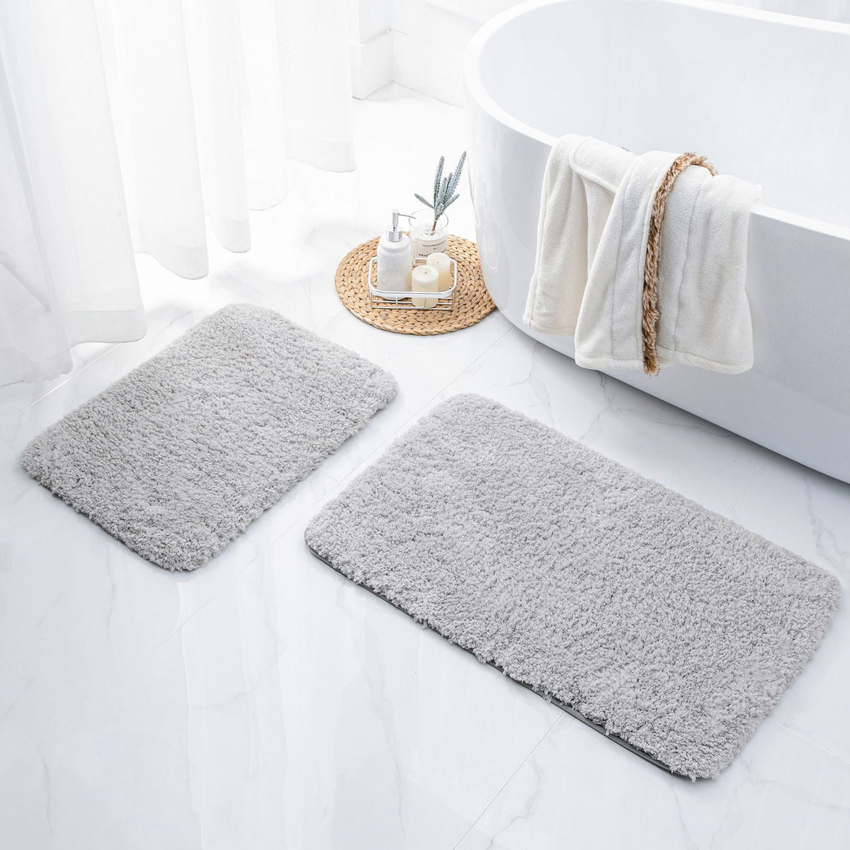 Phantoscope 2pcs Bathroom Rugs Set, Non Slip Quick Drying Ultra Soft Water Absorbent Bath Rug Mat Carpet, 17" x 24" + 17" x 32", Light Gray