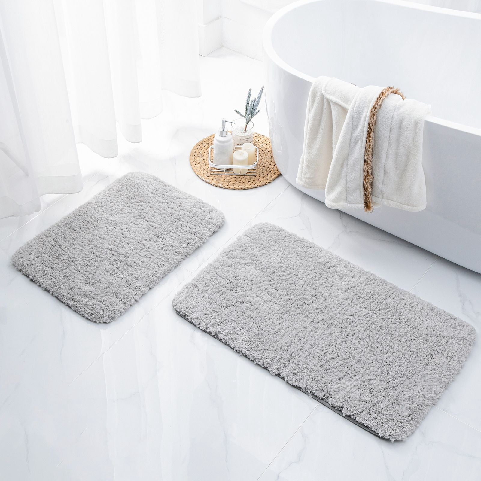 Phantoscope 2pcs Bathroom Rugs Set, Non Slip Quick Drying Ultra Soft Water Absorbent Bath Rug Mat Carpet, 17" x 24" + 17" x 32", Light Gray